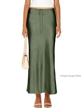 Satin Silk Maxi Skirt Drawstring A-Line Flowy Long Skirt